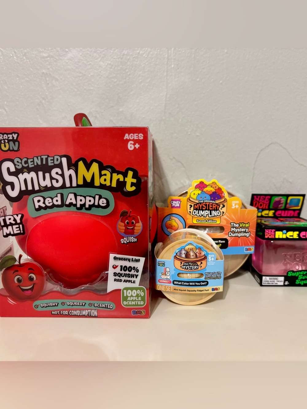 Schylling NeeDoh Nice Cube + RMS Dumplings + Crazy Fun Scented Apple Squishy